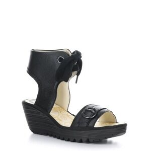 Fly London Black Yaje Leather Platform Sandal Lace Wedges Women's Size 41 10.5